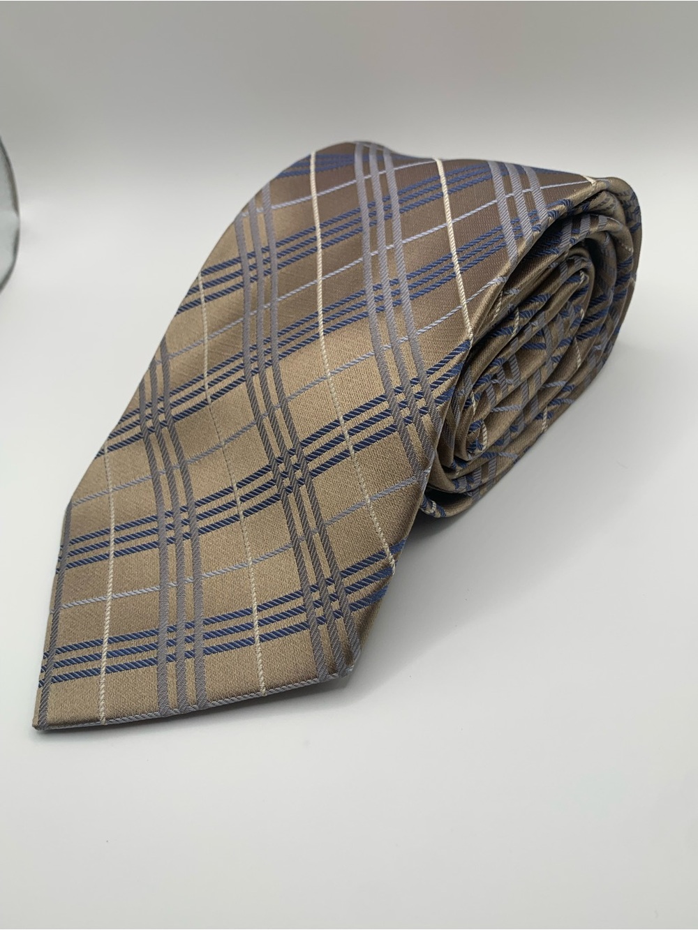 George Foreman Handmade Extra Long Plaid Men's Tie in Light Brown and Blue Trim